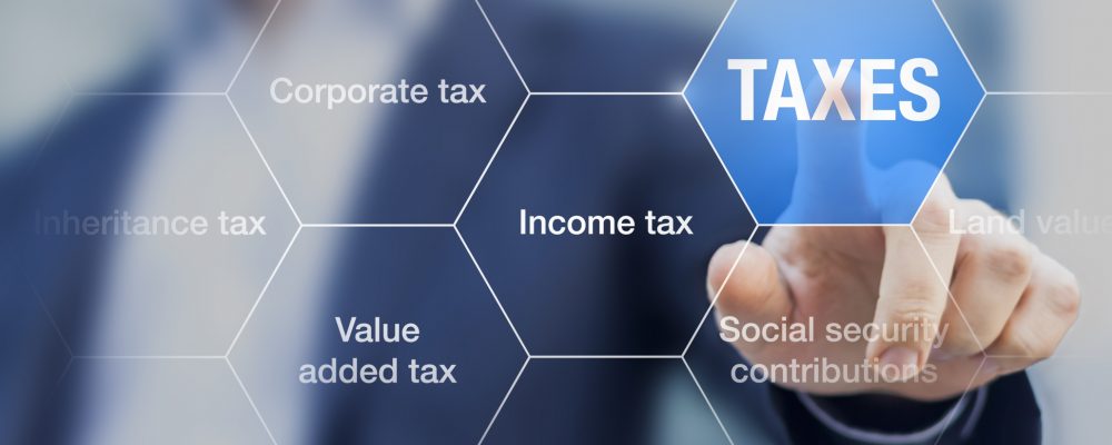 Businessman showing concept of taxes paid by individuals and corporations such as vat, income and wealth tax